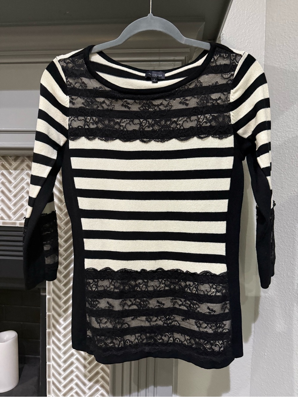The Limited Black and Cream Striped Lace-Inset Long Sleeve Top